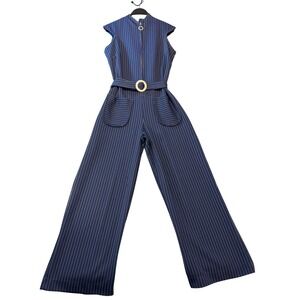 Vintage 70s Navy Pinstripe Wide Leg Jumpsuit Belted Sleeveless mod rockabilly